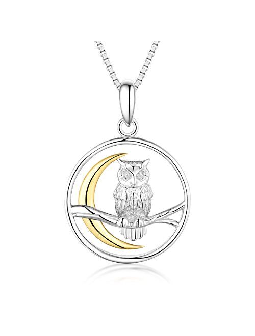 Bellrela 925 Sterling Silver Owl on The Branch Cresent Moon Pendant Necklace,18+2''rolo Chain