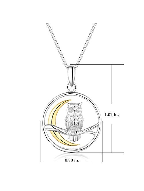 Bellrela 925 Sterling Silver Owl on The Branch Cresent Moon Pendant Necklace,18+2''rolo Chain