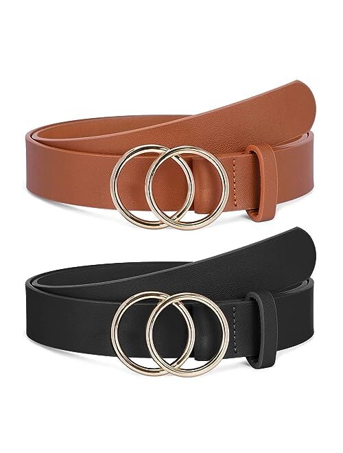2 Pack Women Leather Belts for Jeans Pants,WERFORU Ladies Faux Leather Waist Belts with Double O-Ring Buckle