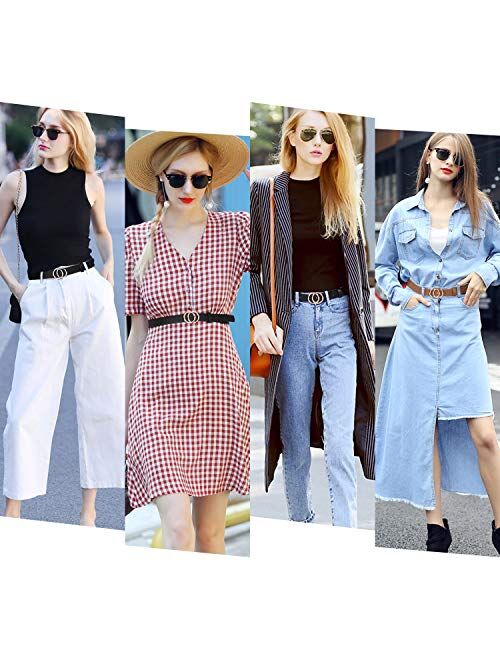 Double Ring Leather Belts for Women SANSTHS O-Style Gold Buckle Skinny Dress Belt 0.86 inch Width for Jeans Pants