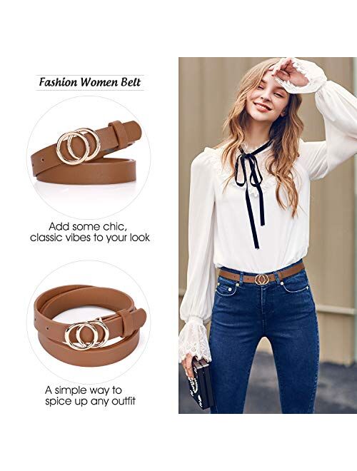 Double Ring Leather Belts for Women SANSTHS O-Style Gold Buckle Skinny Dress Belt 0.86 inch Width for Jeans Pants