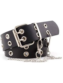 Double-Grommet-Belt Leather Punk-Waist-Belt with Chain for Women Jeans Dresses