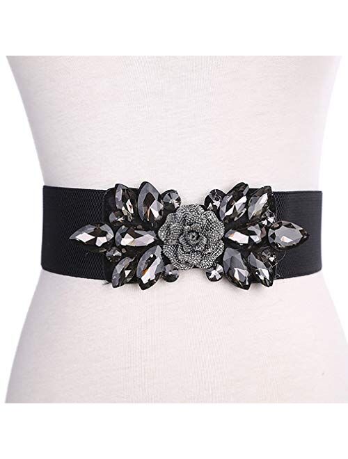 E-Clover Fashion Floral Rhinestone Buckle Women's Elastic Waist Cinch Belt for Dress for Size 0-10