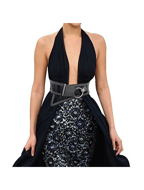 Women's Fashion Vintage Wide Waist Belt Elastic Stretch Cinch Belts With Interlock Buckle