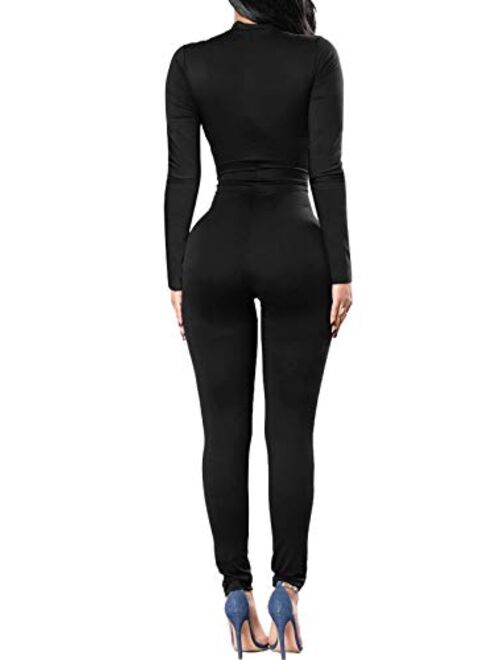 TOB Women's Soft Long Sleeves Zip Up One Piece Bodycon Jumpsuits Playsuits