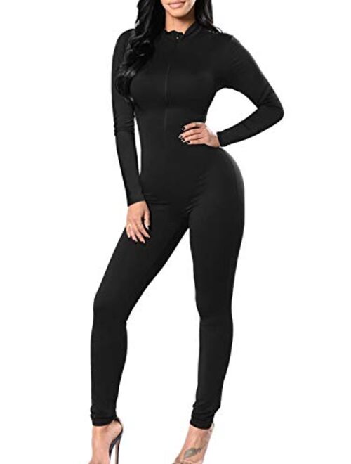 TOB Women's Soft Long Sleeves Zip Up One Piece Bodycon Jumpsuits Playsuits