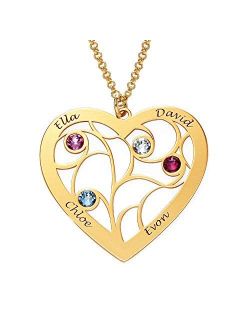 MyNameNecklace Personalized Custom Family Branch Tree Heart Necklace Made with Swarovski Crystals- Mother Day Jewelry Gift