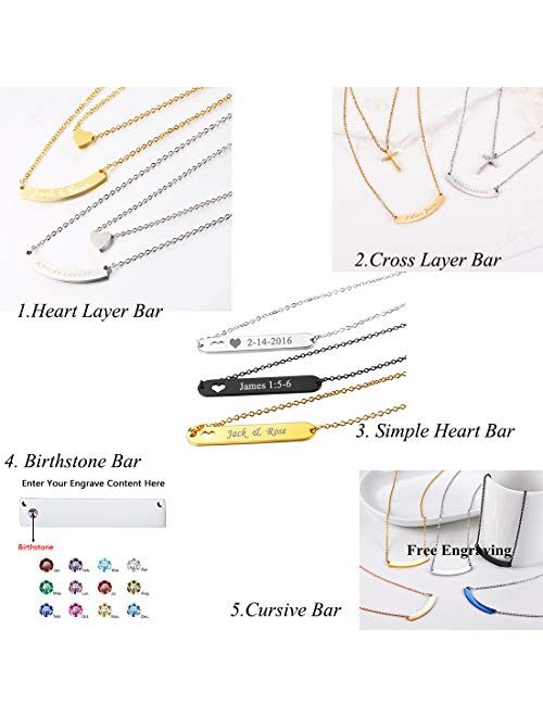 U7 Personalized Bar Necklace Free Message Engrave Stainless Steel / 18K Gold Plated Horizontal/Vertical Bar Pendant Clavicle Choker Necklaces for Women Girls