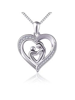 S925 Sterling Silver Mother's Love Heart Pendant Necklace Gift for Women Wife Mother Daughter