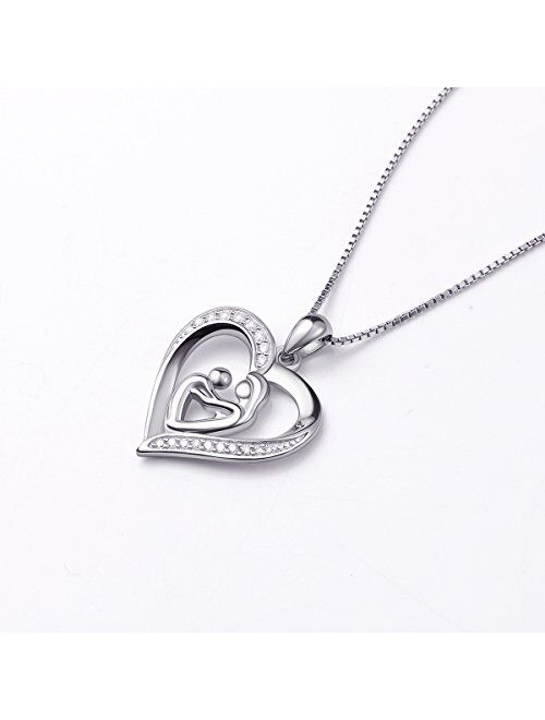 S925 Sterling Silver Mother's Love Heart Pendant Necklace Gift for Women Wife Mother Daughter