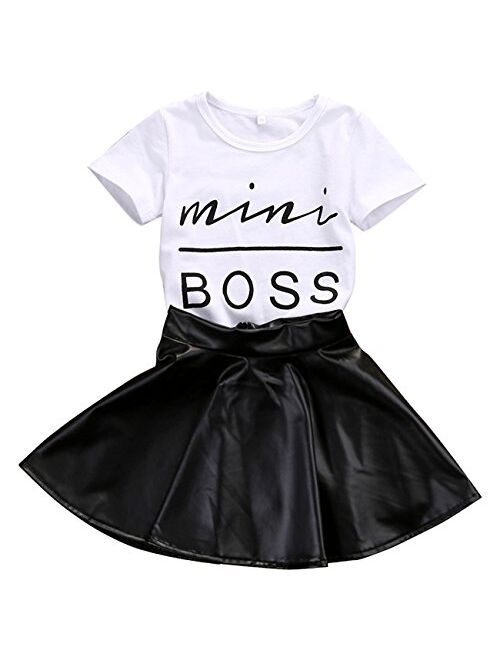 Kids Baby Girls Mini Boss Letters Short Sleeve Tops +Leather Skirt Outfits Sets