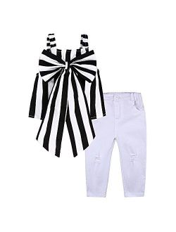 Kids Baby Girl 2Pcs Outfit Set Black Striped Bowknot Top White Jeans Long Pants