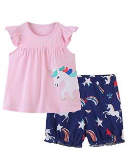 Toddler Girl 100% Cotton Shirt Short Pants Sets Cute Animal Cartoon Applique Summer Outfits Set