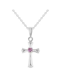 In Season Jewelry Rhodium Plated Small Girls Pink Crystal Plain Cross Pendant Necklace 16"