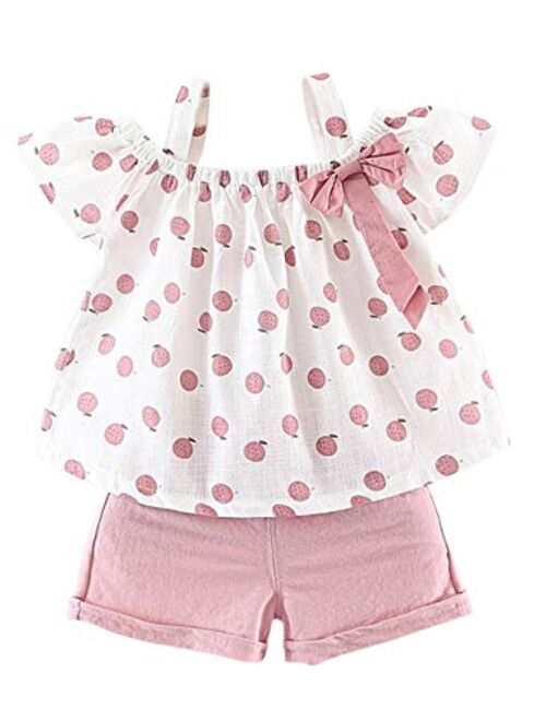 Gifunes 3PCS Toddler Girl Outfits Ruffle Sleeve Romper Top + Floral Short Pants + Floral Headband Baby Summer Clothes Set