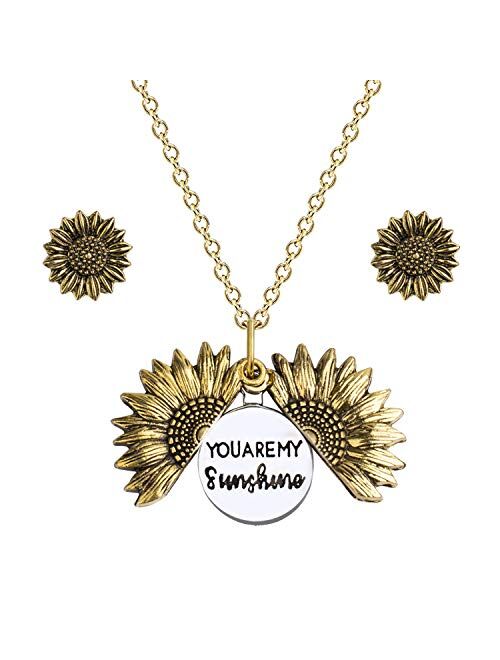 You Are My Sunshine Necklace, Sunflower Necklace and Earrings Set, Mother Daughter Necklace, Engraved Pendant Locket Necklace, Jewelry for Women and Girls with Gift Box