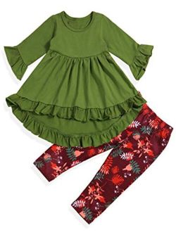 Toddler Little Girl Outfits Ruffle Flare Tunic Dress and Floral Leggings Pants Clothes Set