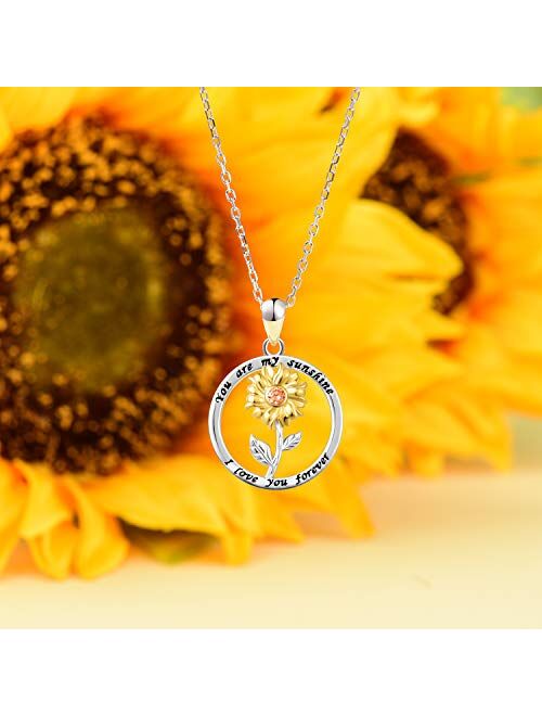 Birthday Sunflower Flower Necklace Anklet Earrings Ring - S925 Sterling Silver Jewelry Heart Pendant For Women Girls You Are My Sunshine I Love You