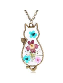 Jude Jewelers Retro Vintage Cat Shape Dry Flower Charm Pendant Necklace