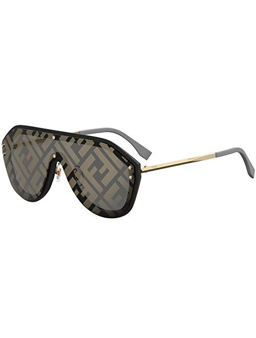Fendi Men FF M0039/G/S 2M2 7Y Black Gold Plastic Shield Sunglasses Gold Fendi Print Mirror Lens, 99-1-145