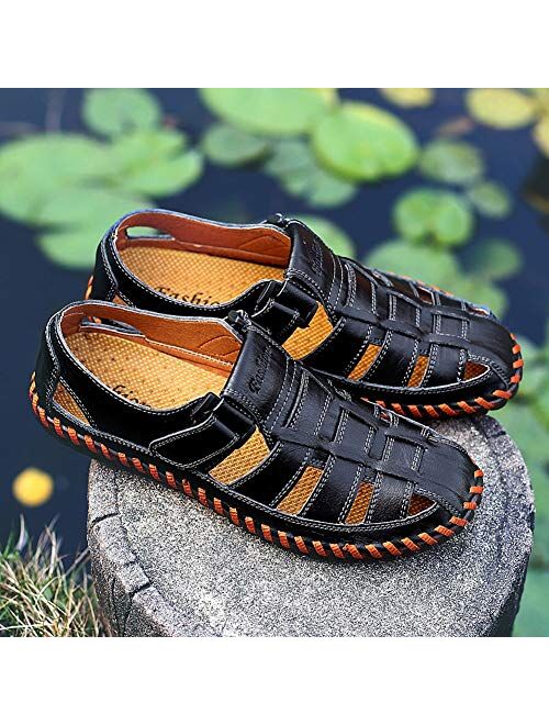 Qiucdzi Mens Sport Sandals Breathable Outdoor Fisherman Shoes Adjustable Closed Toe Summer Leather Loafters