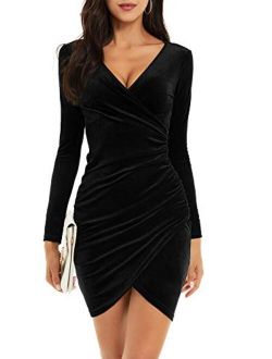 GUBERRY Womens Wrap V Neck Long Sleeve Velvet Bodycon Ruched Cocktail Party Dress