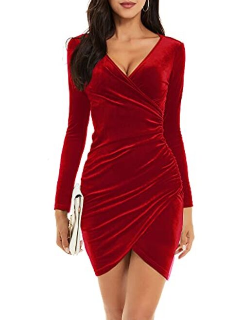 GUBERRY Womens Wrap V Neck Long Sleeve Velvet Bodycon Ruched Cocktail Party Dress