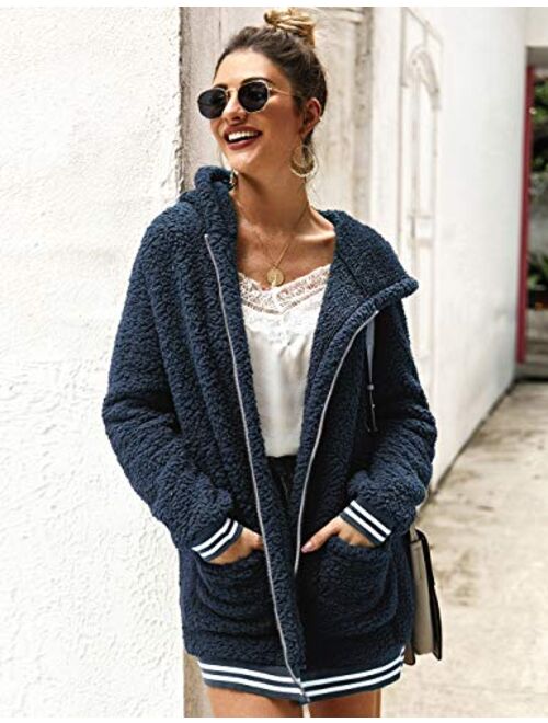 LOMON Cardigan for Women Oversized Fuzzy Fleece Long Sleeve Open Front Hooded Jacket Coat Winter Outwear with Pockets