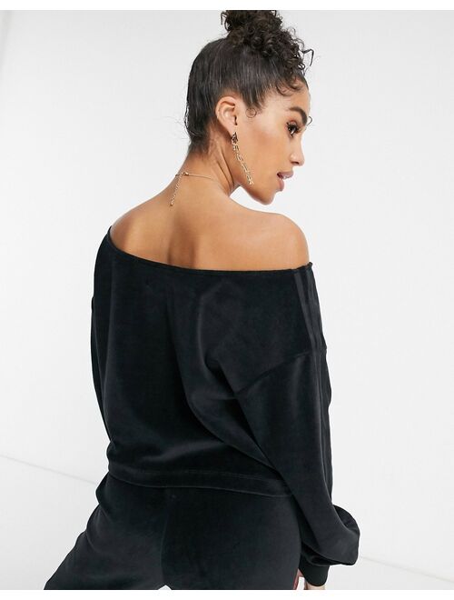 adidas Originals 'Relaxed Risque' velour off the shoulder sweatshirt in black