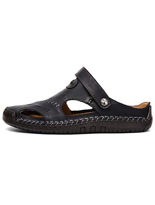 KINOW Mens Casual Closed Toe Leather Sandals Outdoor Sports Beach Slippers Flat Shoes
