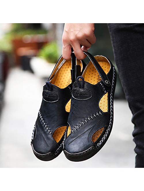 KINOW Mens Casual Closed Toe Leather Sandals Outdoor Sports Beach Slippers Flat Shoes