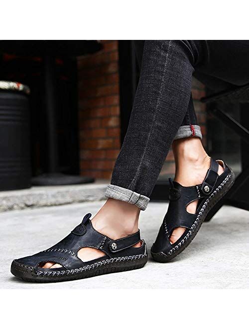 YING LAN Men's Casual Leather Fashion Sandals Closed Toe Outdoor Fisherman Hiking Shoes Lightweight Summer Water Shoes