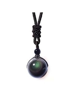 Sinymilk Natural Black Obsidian Pendant 16mm Rainbow Eyes Beads Lucky Blessing Necklace