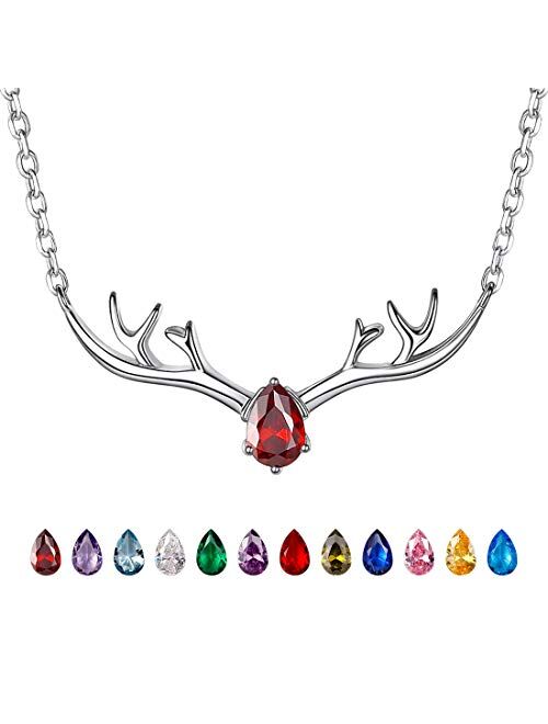 Antler Necklace 925 Sterling Silver Reindeer Animal Horn Jewelry Minimalist Style Clavicle Chain with Personalized Birthstone Charm Deer Antler Charm Necklaces