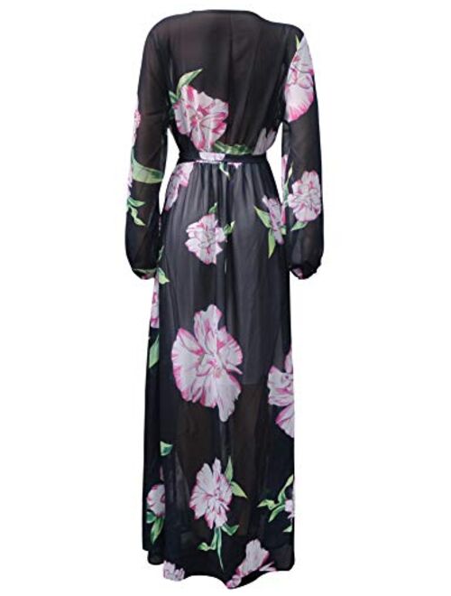 lvenzse Womens Maxi Dress Boho Chiffon Floral Printed Long Dresses V-Neck Plus Size (FBA)