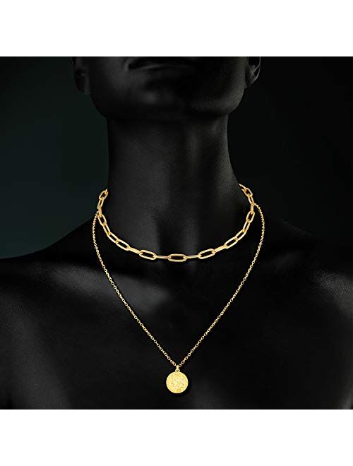 LANE WOODS Layered 18k Gold Plated Necklaces for Women - Multilayer Coin Medallion Pendant Necklace Adjustable Layering Choker Necklaces Chain Set for Women Girls Jewelry