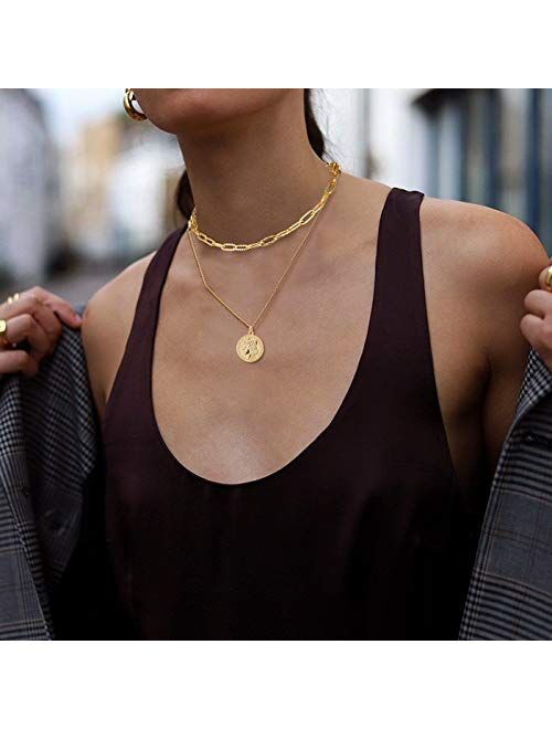 LANE WOODS Layered 18k Gold Plated Necklaces for Women - Multilayer Coin Medallion Pendant Necklace Adjustable Layering Choker Necklaces Chain Set for Women Girls Jewelry