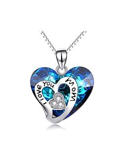 AOBOCO I Love You Mom Series Sterling Silver Mom Necklace Heart Pendant Embellished with Crystals from Swarovski, Fine Birthday Jewelry Gifts for Mom Grandma Mother-to-be