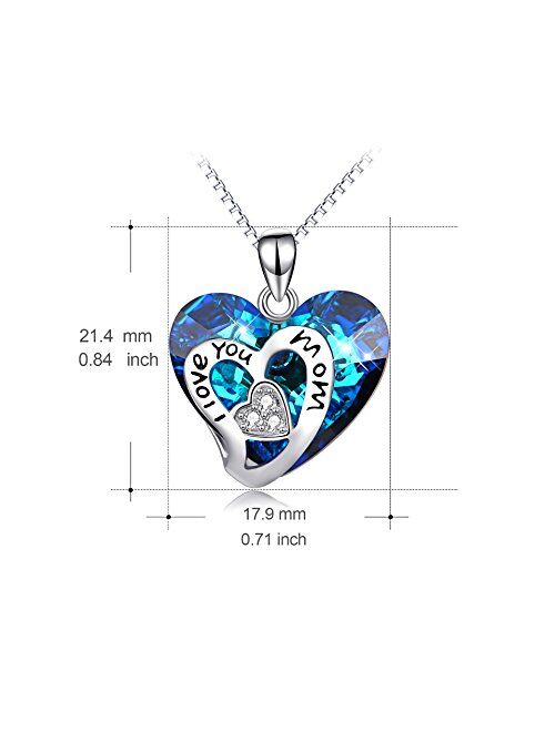 AOBOCO I Love You Mom Series Sterling Silver Mom Necklace Heart Pendant Embellished with Crystals from Swarovski, Fine Birthday Jewelry Gifts for Mom Grandma Mother-to-be