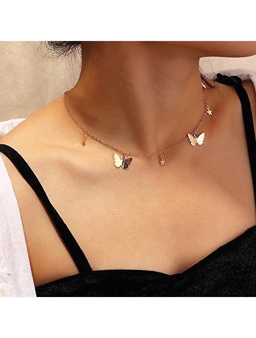 4 Sets Layered Choker Necklace Gold Butterfly Star Moon Heart Pendant Necklace Cute Vsco Multilayer Chain Choker Necklace for women teen girl