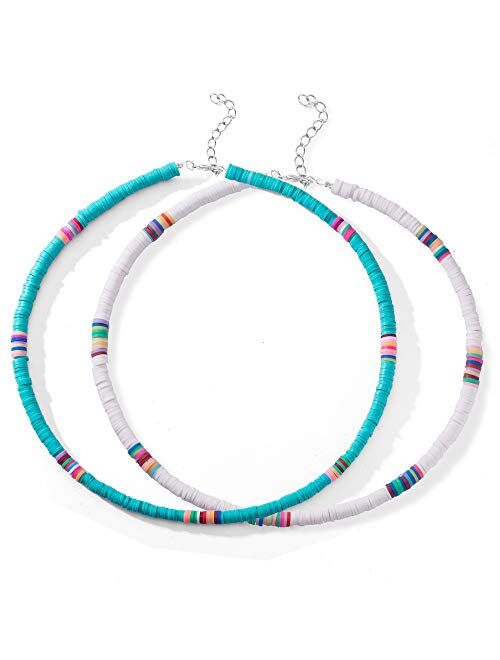 2 Pcs Heishi Surfer Choker Necklace Boho Jewelry Colorful African Vinyl Disc Beads Necklaces for Women Girls Handmade Summer Beach Collar Necklace for Holidays