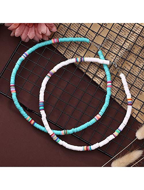 2 Pcs Heishi Surfer Choker Necklace Boho Jewelry Colorful African Vinyl Disc Beads Necklaces for Women Girls Handmade Summer Beach Collar Necklace for Holidays