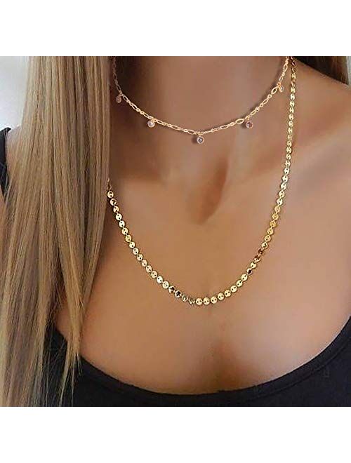 EGOO&YAMEE Adjustable Layered Metal Choker Necklace Handmade 18K Gold Zircon Gold Delicate Heart and Bar Bead Necklace Chokers Necklace