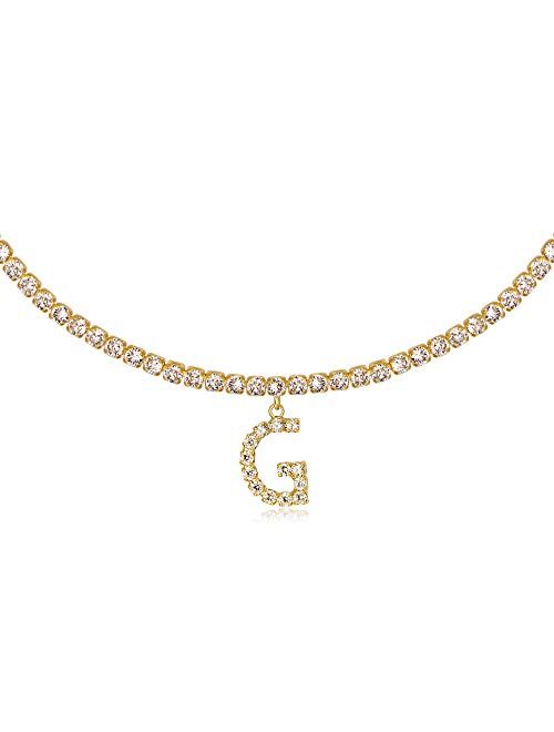 Letter Necklace 14k Gold Plated Tennis Chain Initial Alphabet Pendant Choker Bling Iced CZ Diamond Name Personalized Necklace for Women