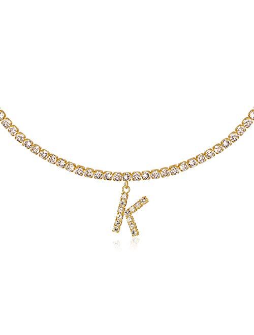 Letter Necklace 14k Gold Plated Tennis Chain Initial Alphabet Pendant Choker Bling Iced CZ Diamond Name Personalized Necklace for Women