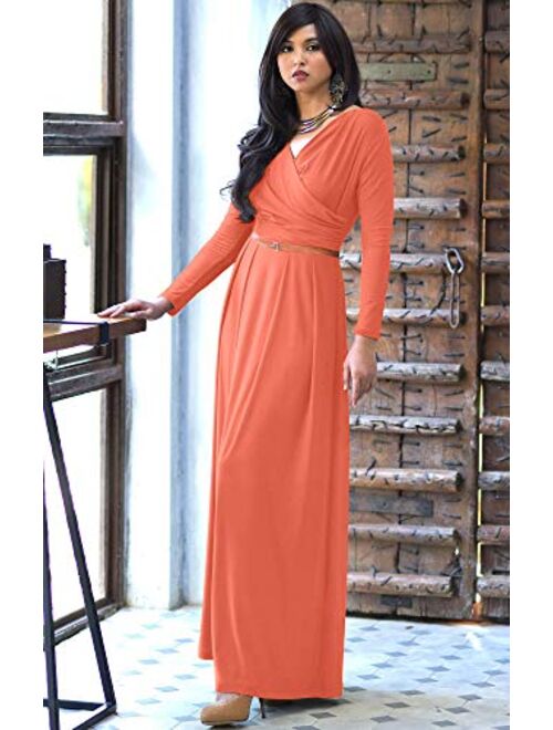 KOH KOH Womens Long V-Neck Full Sleeve Semi Formal Flowy Evening Cute Maxi Dress