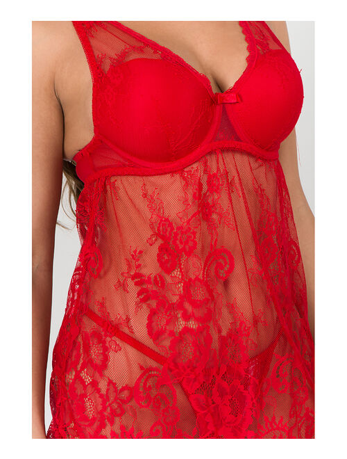 Just Sexy | Red Floral Lace Scoop-Back Underwire Babydoll & G-String Set