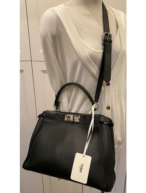 Fendi Black Leather Medium Peek A Boo Bag With Granite Resin Bar NWT