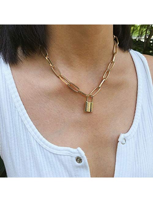 Krun Y Necklace Lock Pendant Simple Cute Necklaces Long Multilayer Chain Fashion Jewelry Women Girls Gift for Her 