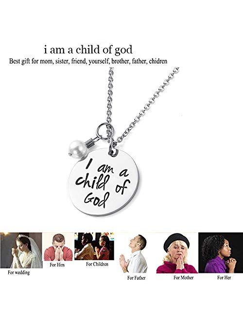 Christian Charm Necklace with Pearl"I Am a Child of God" Gift for Young Girls & Teens Stainless Steel Pendant Religious Jewelry